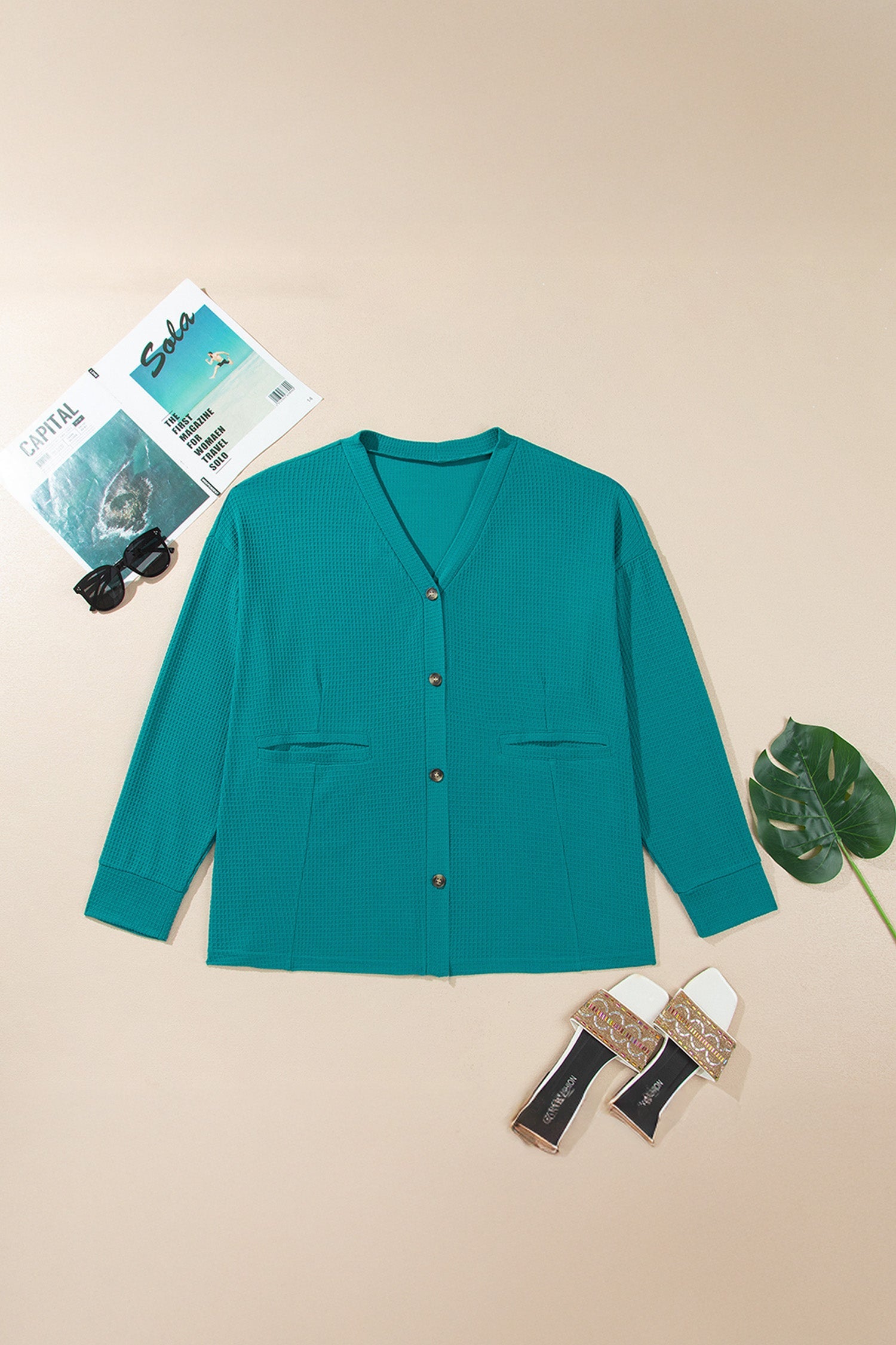 Lapis V Neck Waffle Textured Button Front Tunic Long Sleeve Plus Size Cardigan
