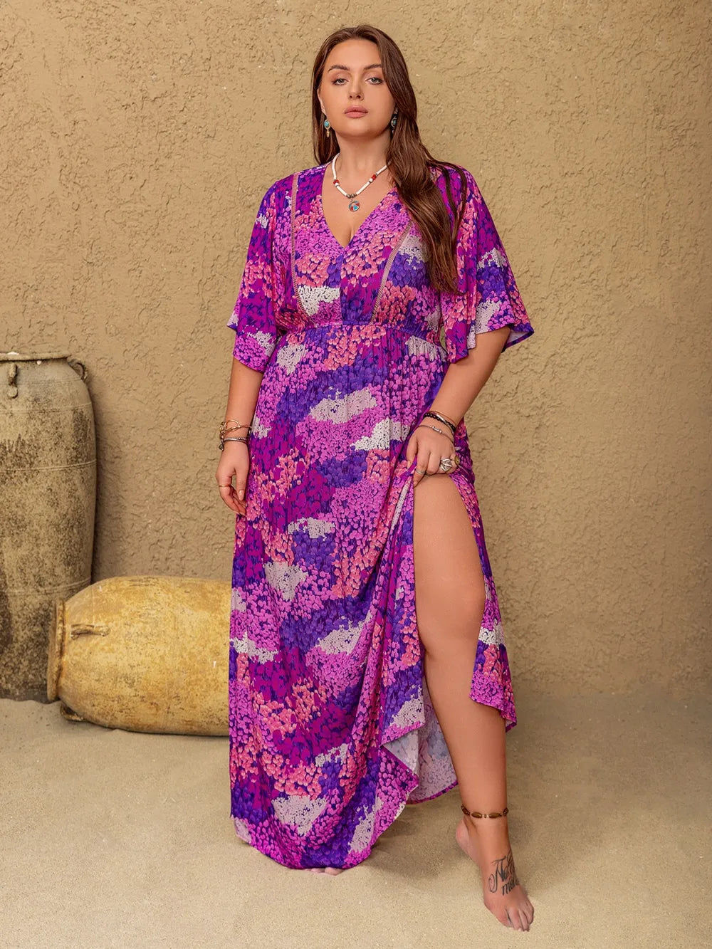 Slit Printed Half Sleeve Maxi Dress
