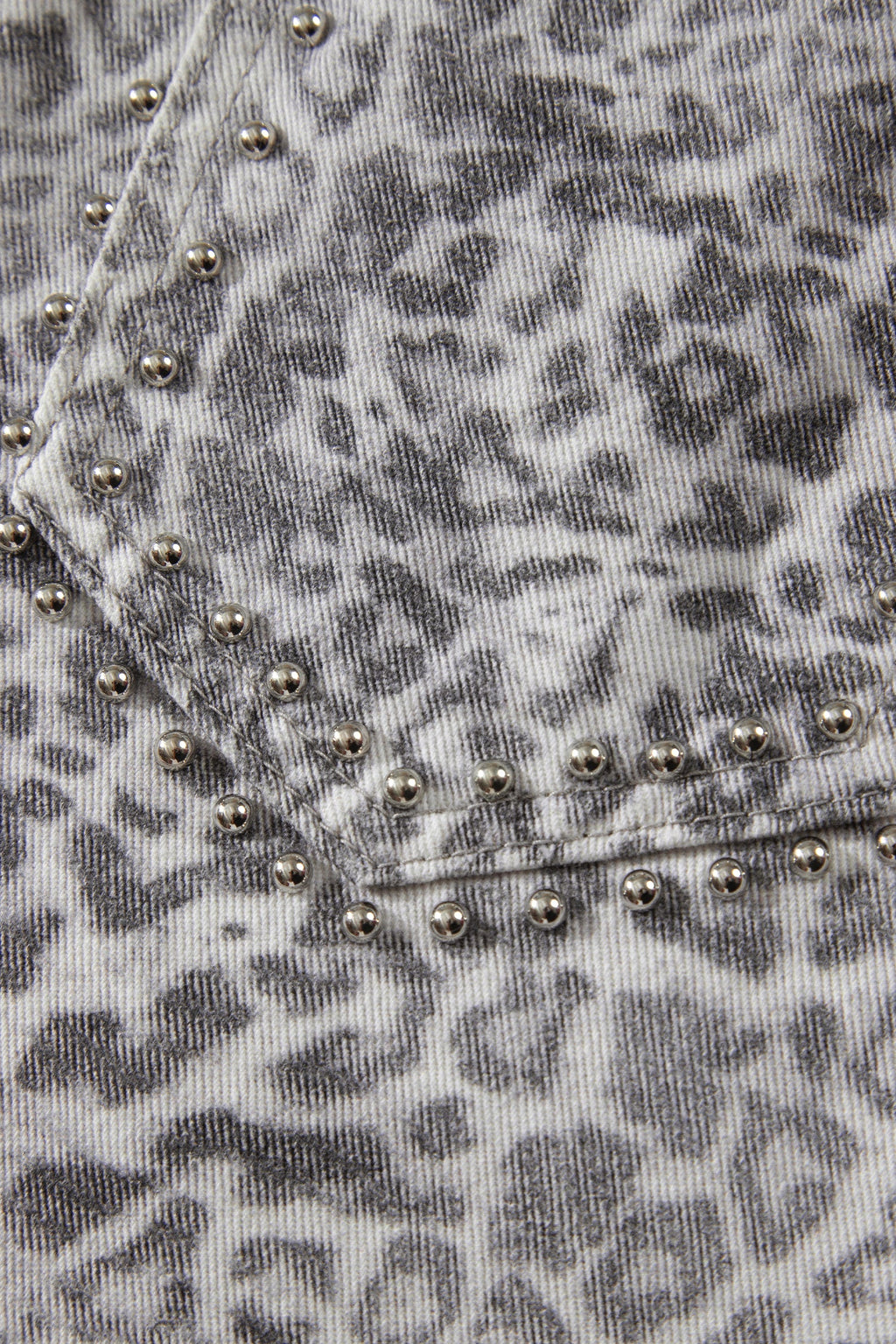 Khaki Leopard Print Studded Collar Studded Patch Pocket Denim Jacket