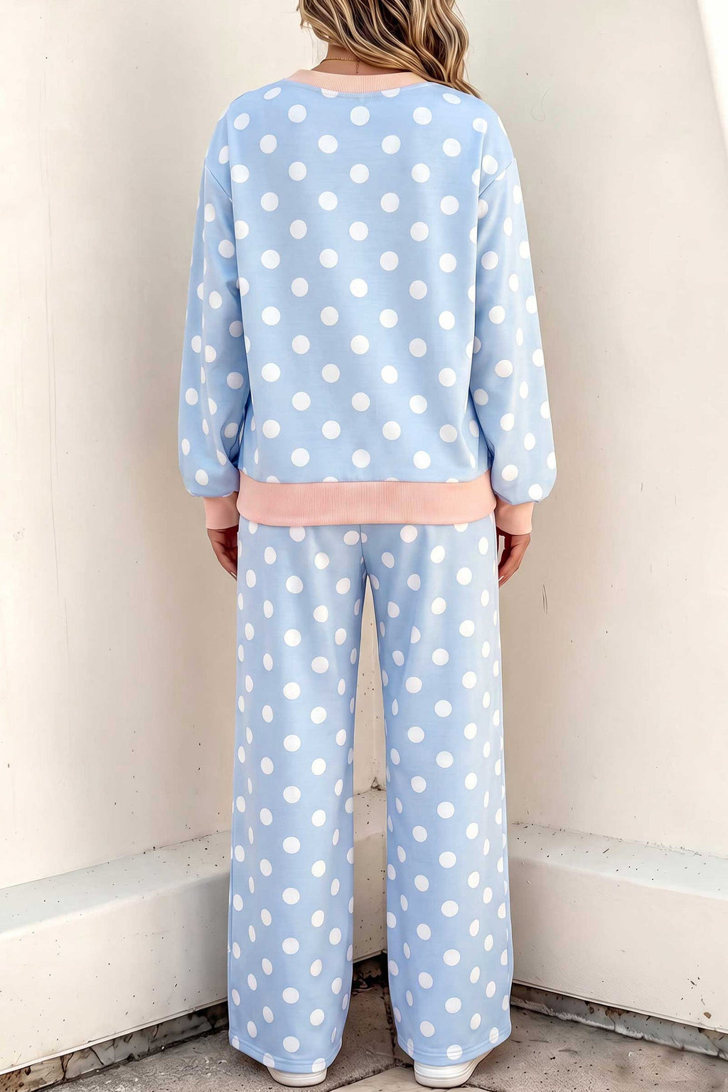 Pink Polka Dot Contrast Trim Long Sleeve Top Drawstring Shift Pants Set