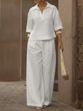 Full Size 3/4 Sleeve Top and Wide Leg Pants Set Plus Size