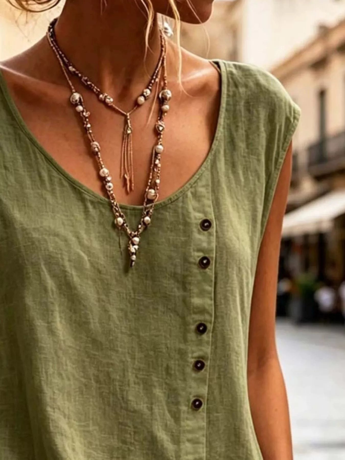 Full Size Round Neck Decor Button Tank Plus Size