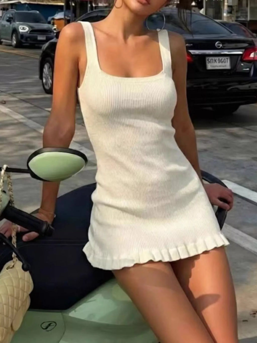 Ribbed Knit Square Neck Sweater Dress