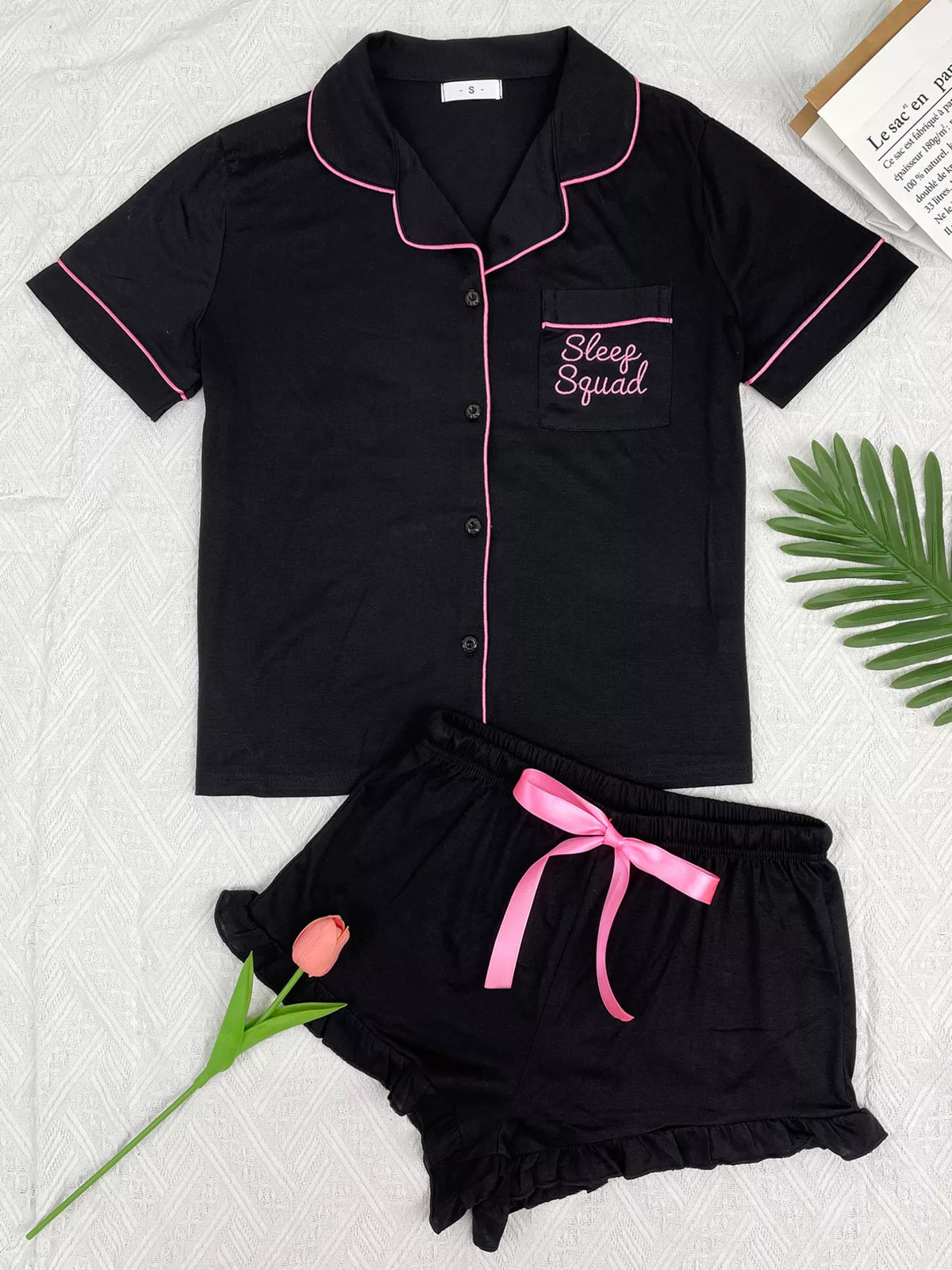 Contrast Piping Button-Down Shirt and Ruffle Shorts Lounge Set