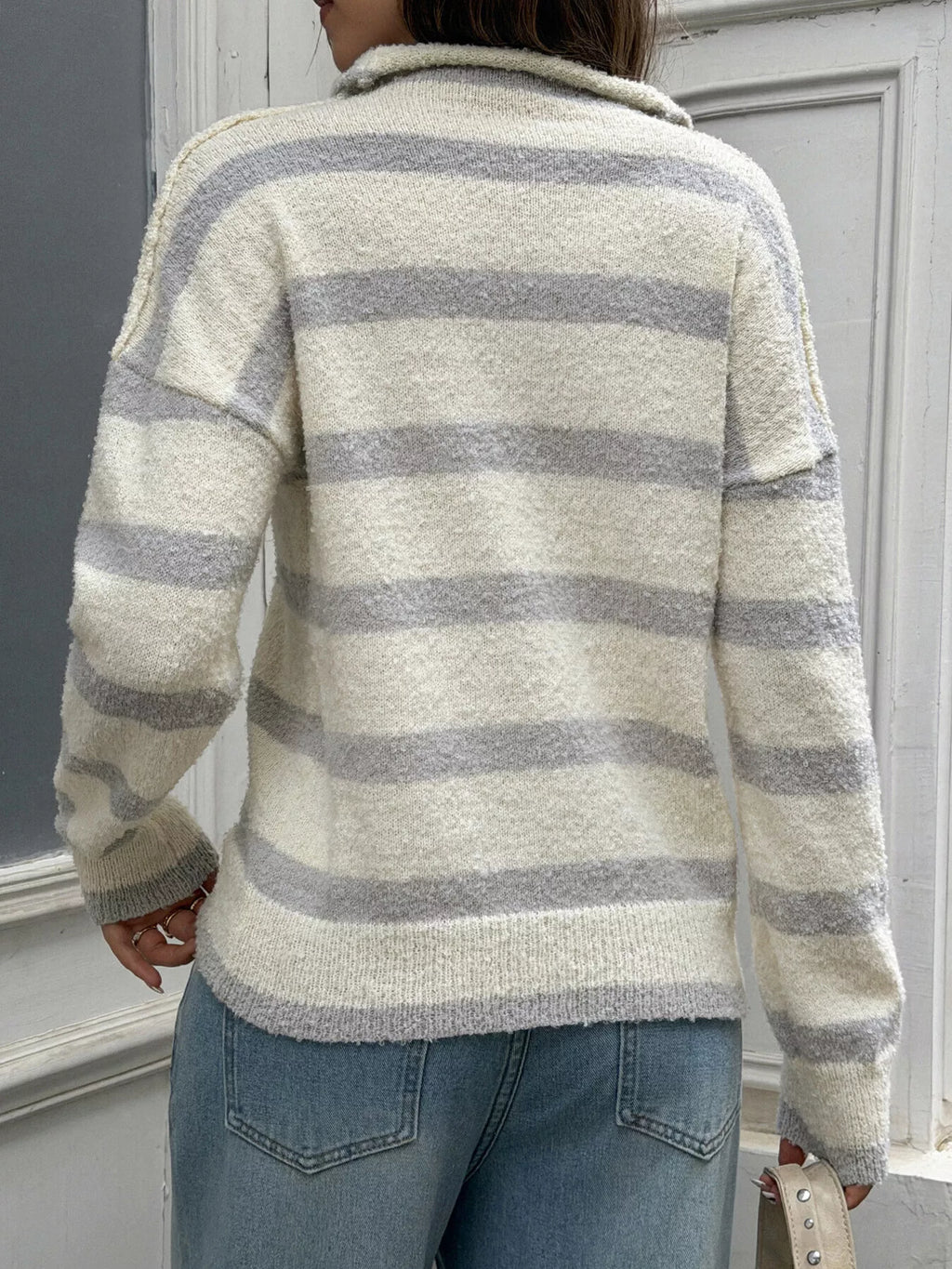 Striped Mock Neck Button-Down Textured Cardigan