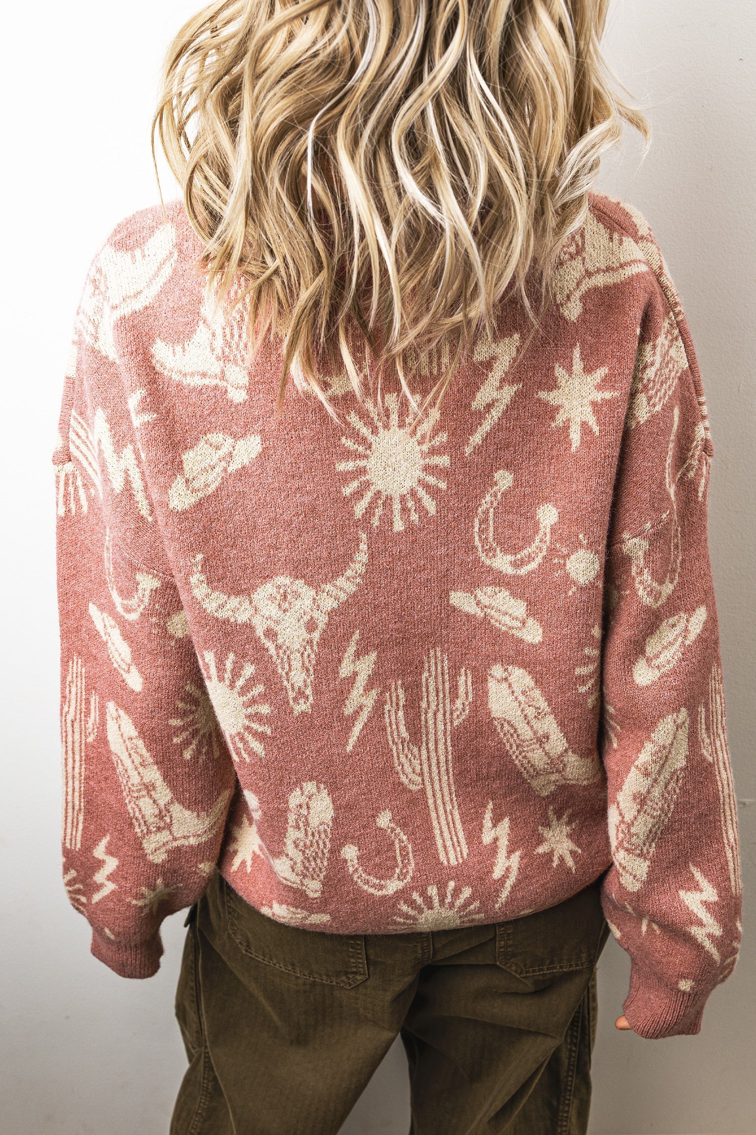 Peach Blossom Western Print Drop Shoulder Round Neck Long Sleeve Sweater