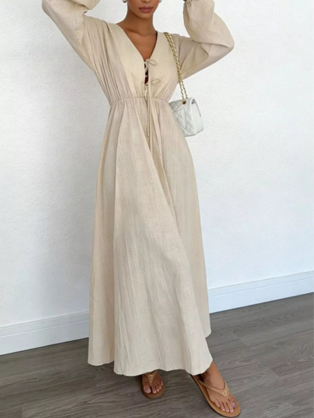 Tie Front Balloon Sleeve Maxi Dress