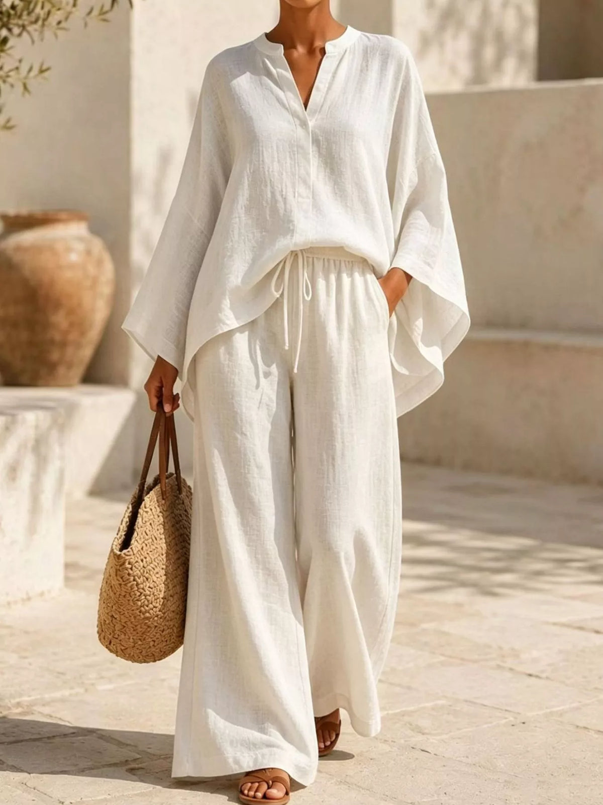 Full Size Loose Fit Top and Wide-Leg Pants Set Plus Size