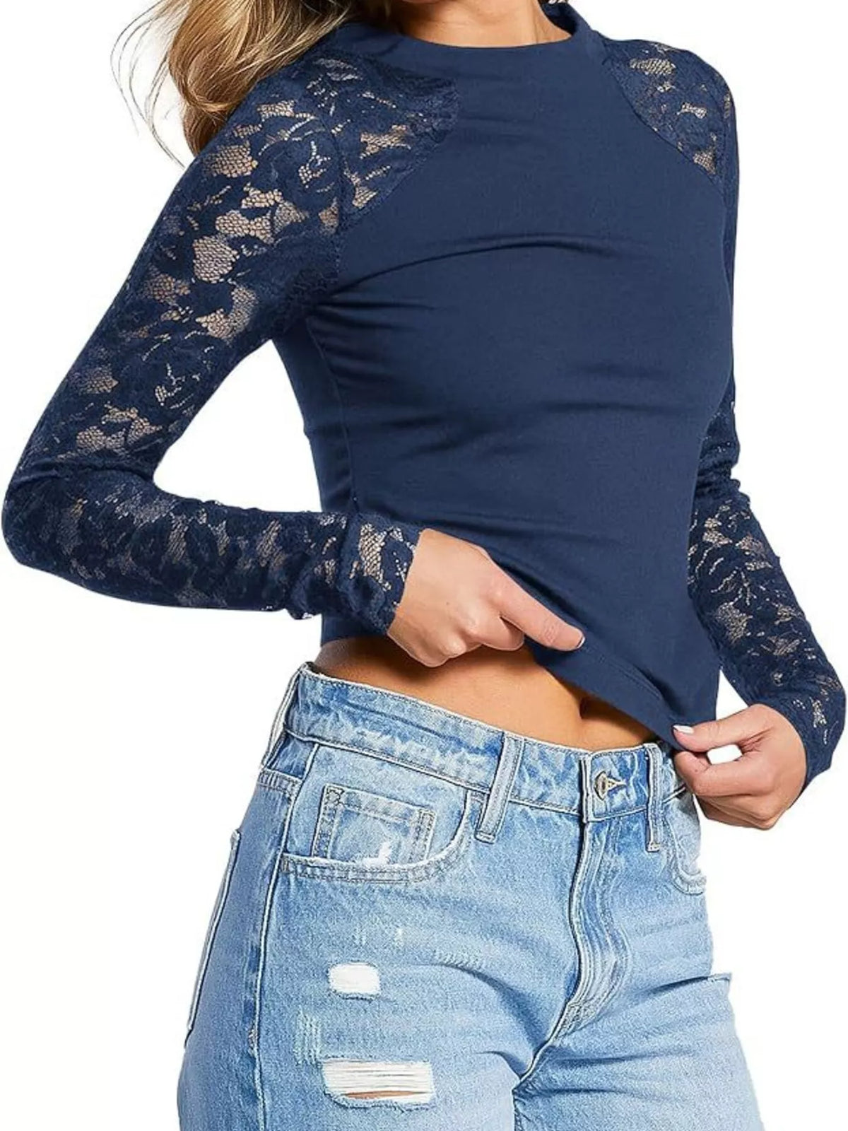Lace Long Sleeve Round Neck T-Shirt