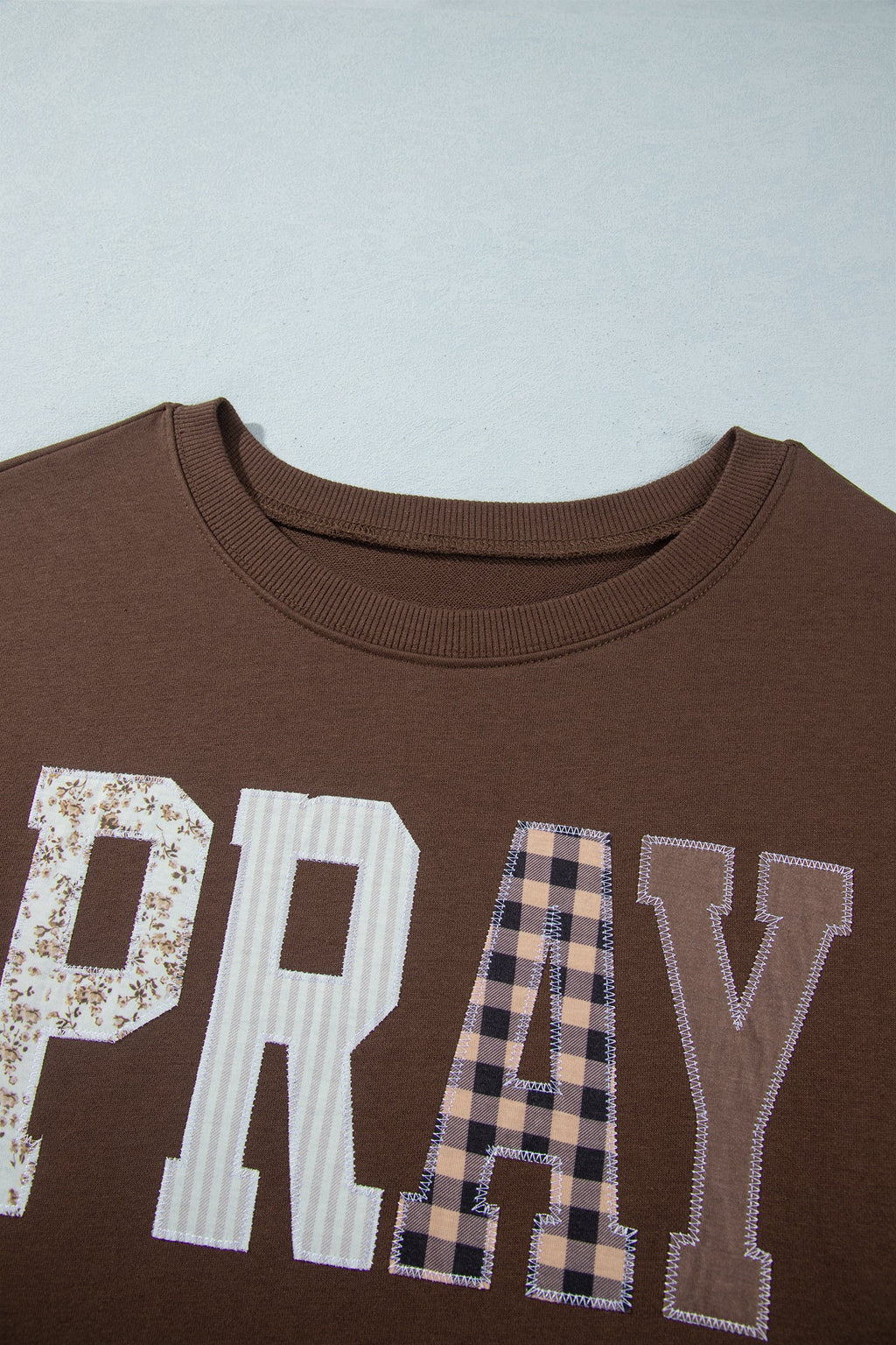 Coffee PRAY Letter Patchwork Round Neck Long Sleeve Plus Size Sweatshirt