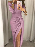 Full Size Off-Shoulder Ruched Slit Midi Dress Plus Size