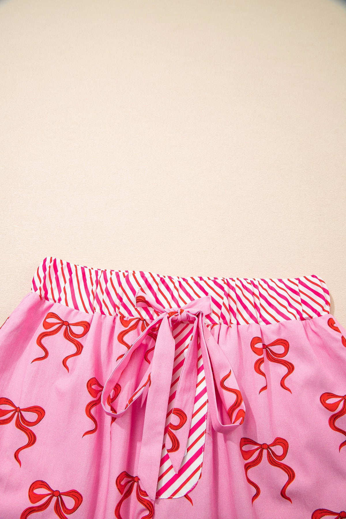 Bow Stripe Patchwork Elastic Waist Lace Trim Shorts