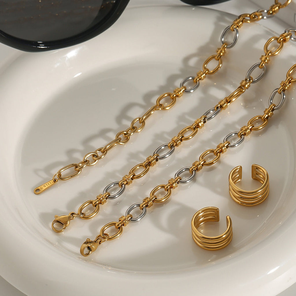 18K gold chain with gold and silver color matching design simple and elegant necklace bracelet set