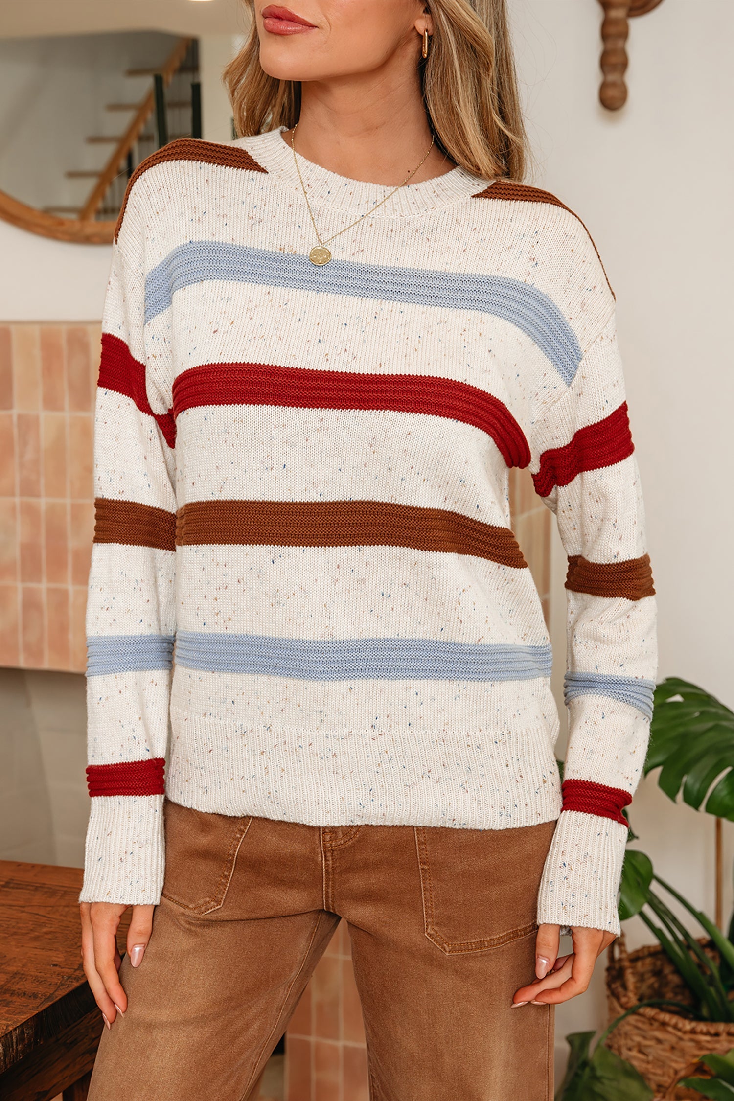 Beige Stripe Exposed Seam Drop Shoulder Heathered Knit Sweater