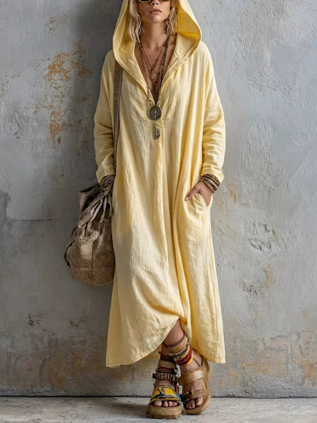 Long Sleeve Hooded Midi Dress with Pockets