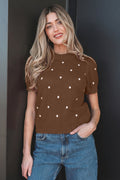 Chestnut Elegant Polka Dot Bubble Short Sleeve Sweater