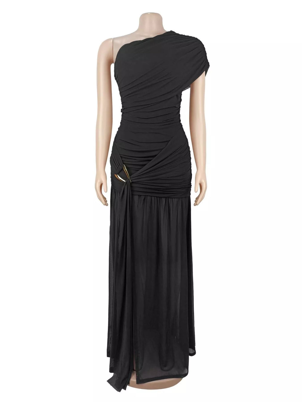 One-Shoulder Ruched High-Slit Evening Dress