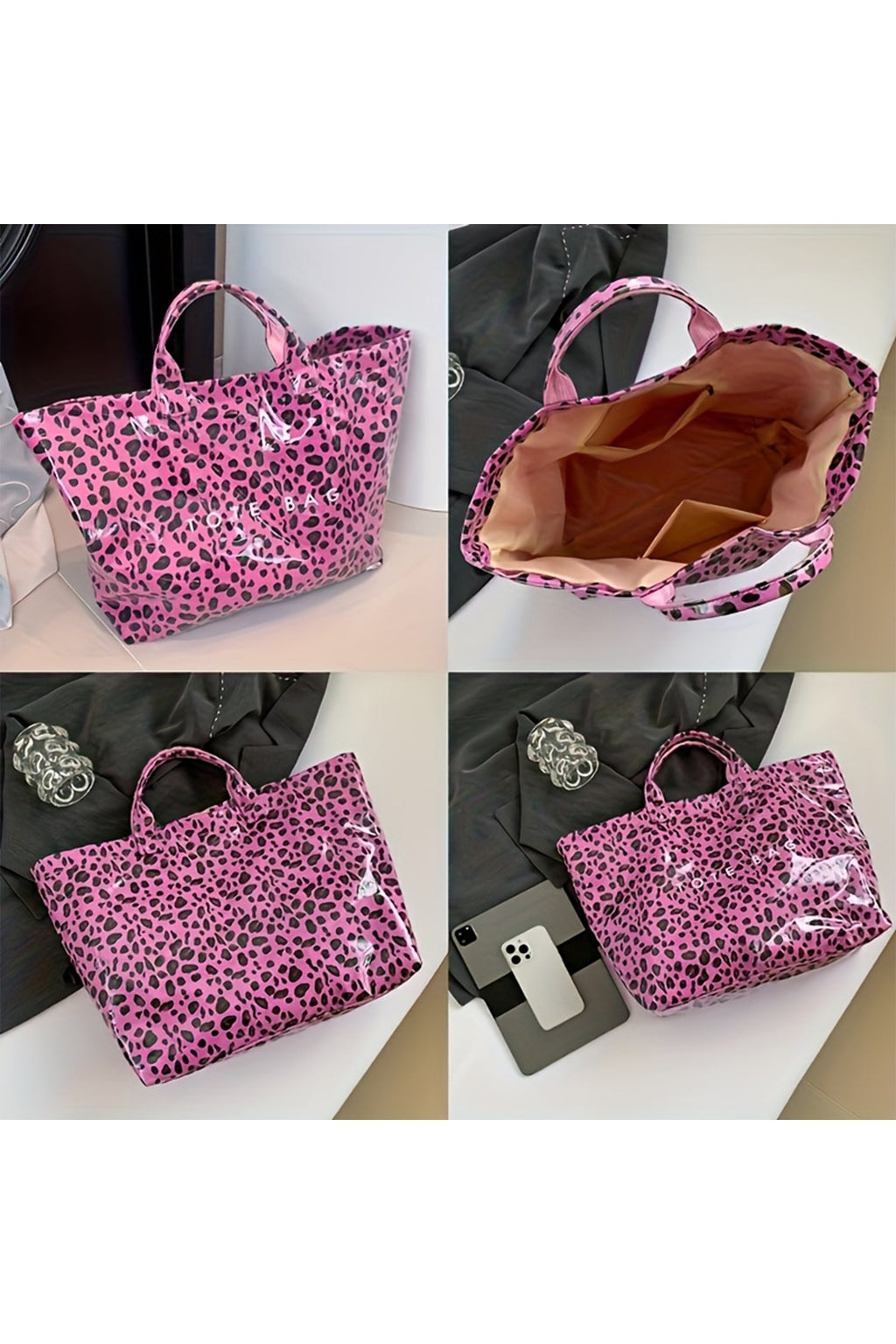 Rose Red Leopard PU Leather Water Proof Tote Bag