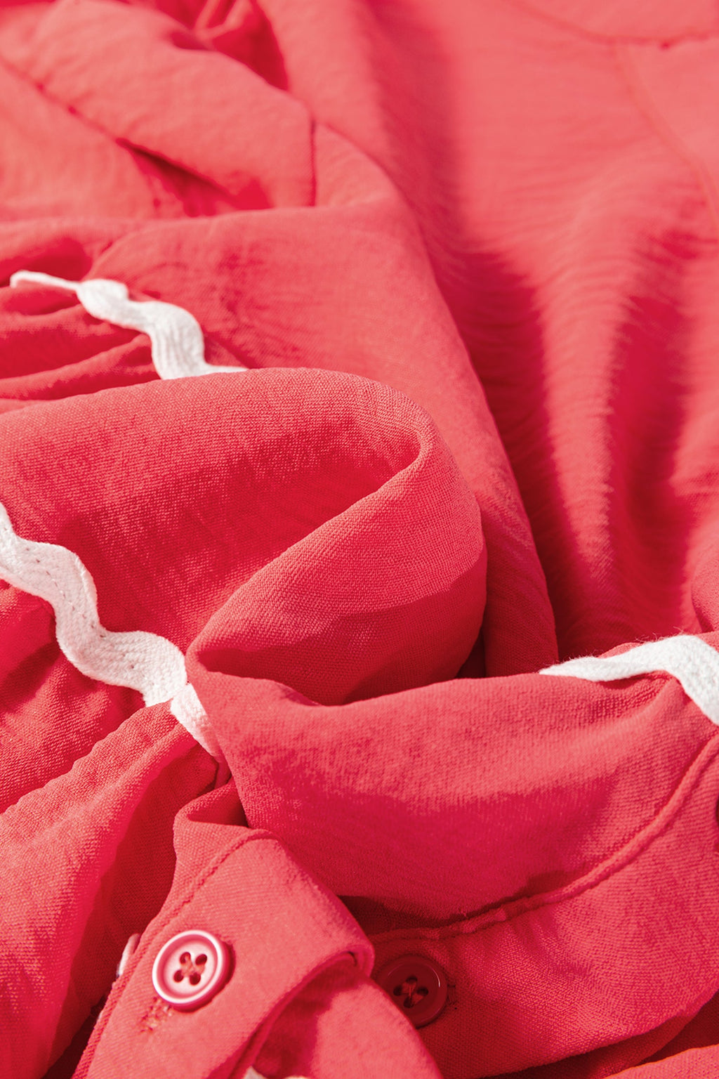 Coral Contrast Ricrac Trim V Neck Button Down Long Sleeve Shirt