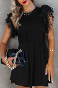 Black Dotty Mesh Ruffle Sleeve Ribbed Knit Babydoll Mini Dress