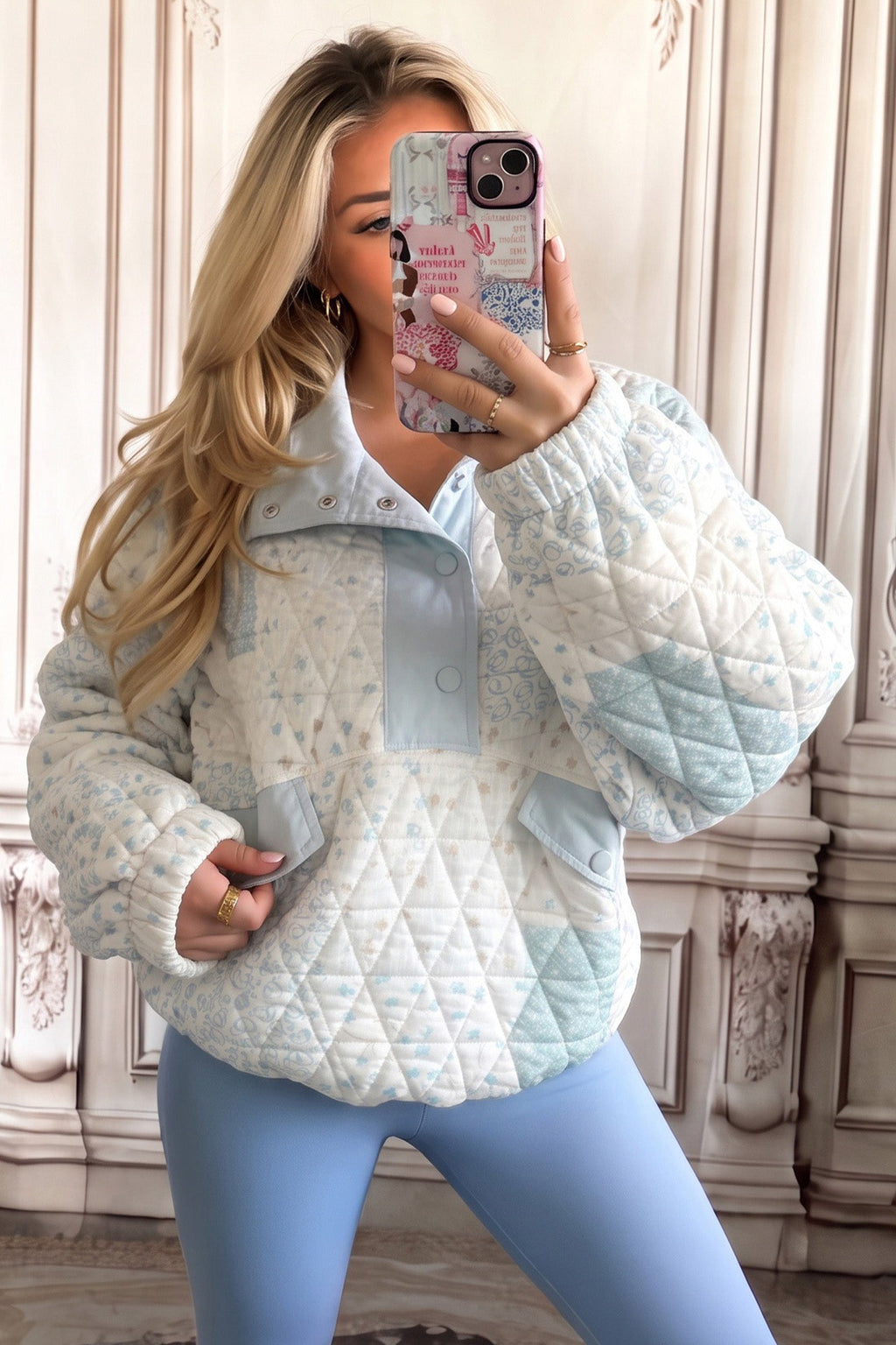 Multicolour Floral Quilted Half Button Pocketed Pullover Sweatshirt