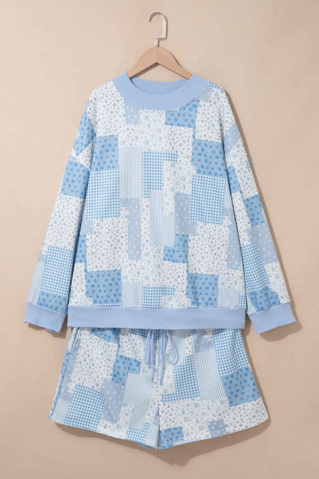 Sky Blue Patchwork Floral Print Stand Neck Long Sleeve Two-piece Outfit Plus Size Set