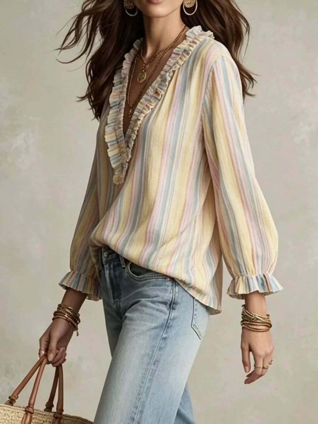 Striped V-Neck Long Sleeve Blouse