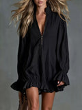 Zipper-Front Ruffle Hem Mini Dress