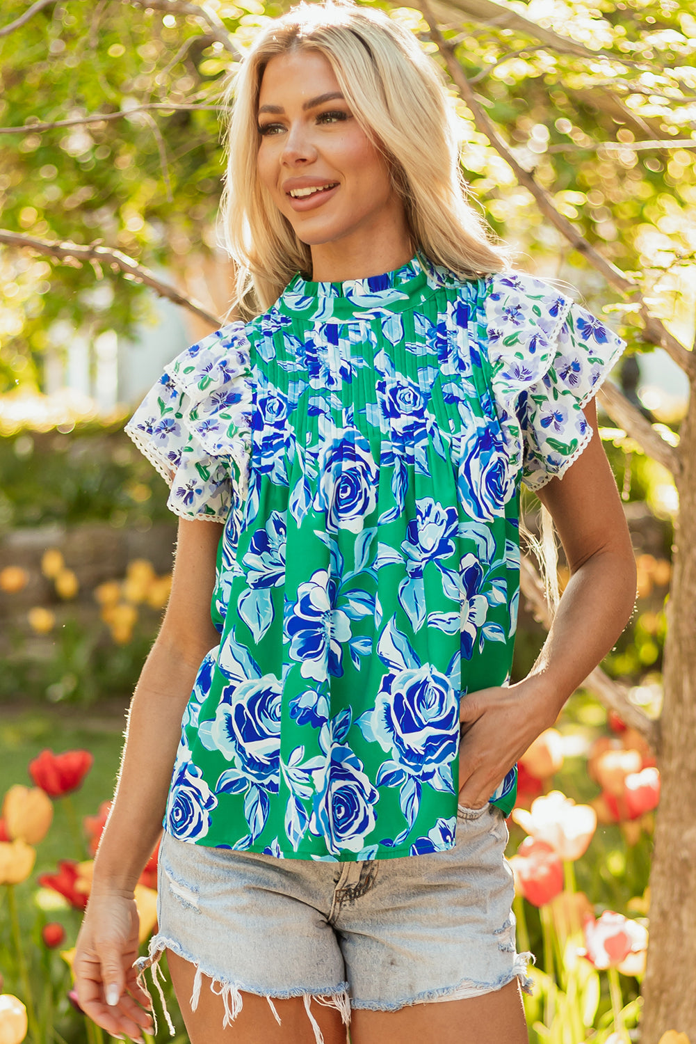 Green Floral Print Lace Trim Contrast Ruffle Sleeve Pleated Loose Blouse