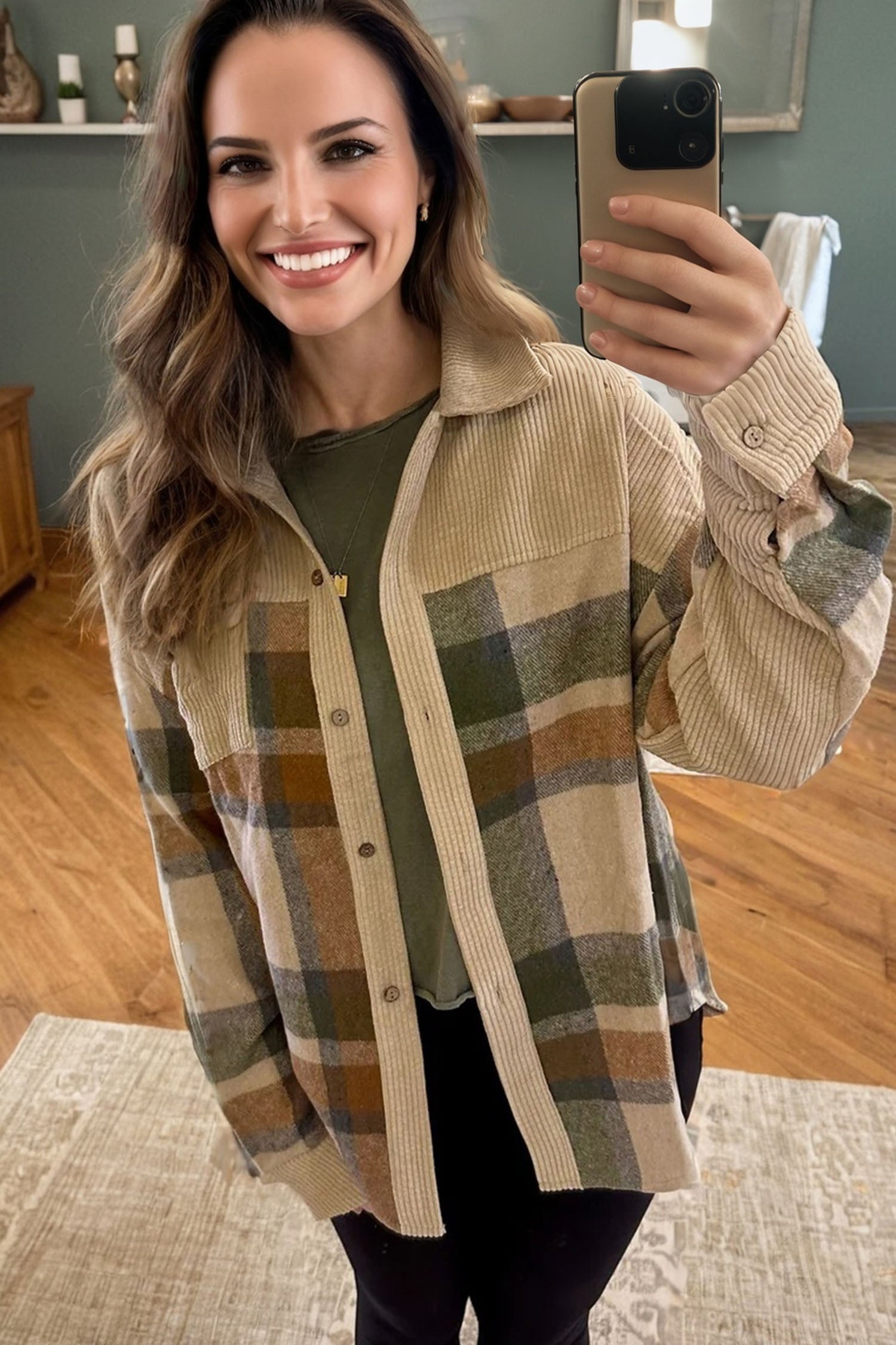Parchment Retro Plaid Corduroy Patchwork Shacket