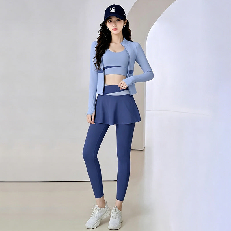 Womens Color-Block Stand-Neck Zipper Yoga Three-Piece Set