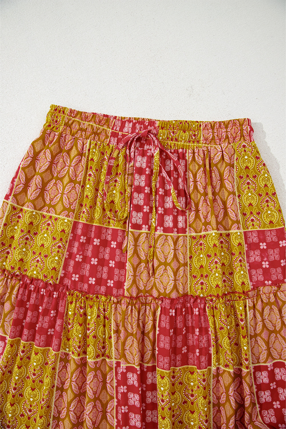 Orange Tiered Paisley Print Pocketed Maxi Skirt
