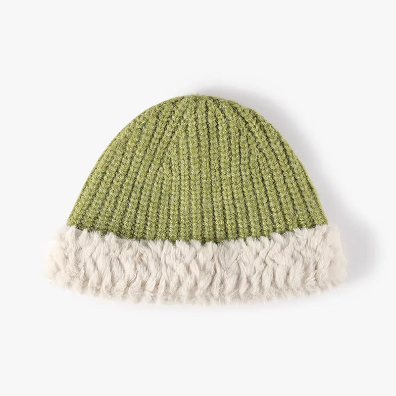 Fuzzy Fur Trim Ribbed Knit Beanie Hat