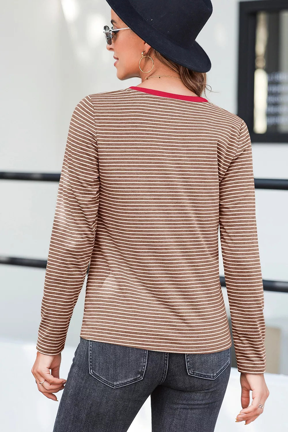 Stripe V Neck Stretchy Long Sleeve Top