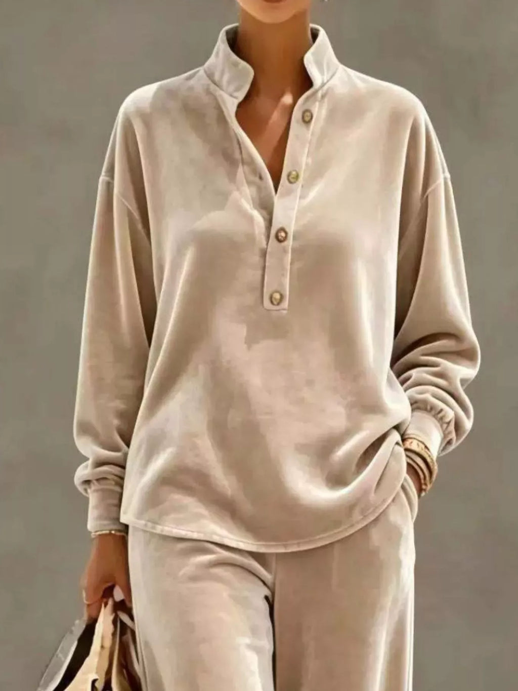 Full Size Half Button Top and Wide Leg Pants Set Plus Size