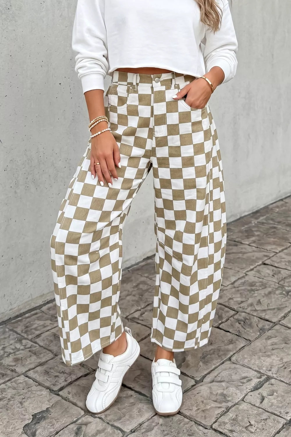 Checkered Print Denim Barrel Pants