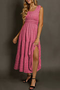 Rose Shirred Pleated Square Neck Sleeveless Midi Dress
