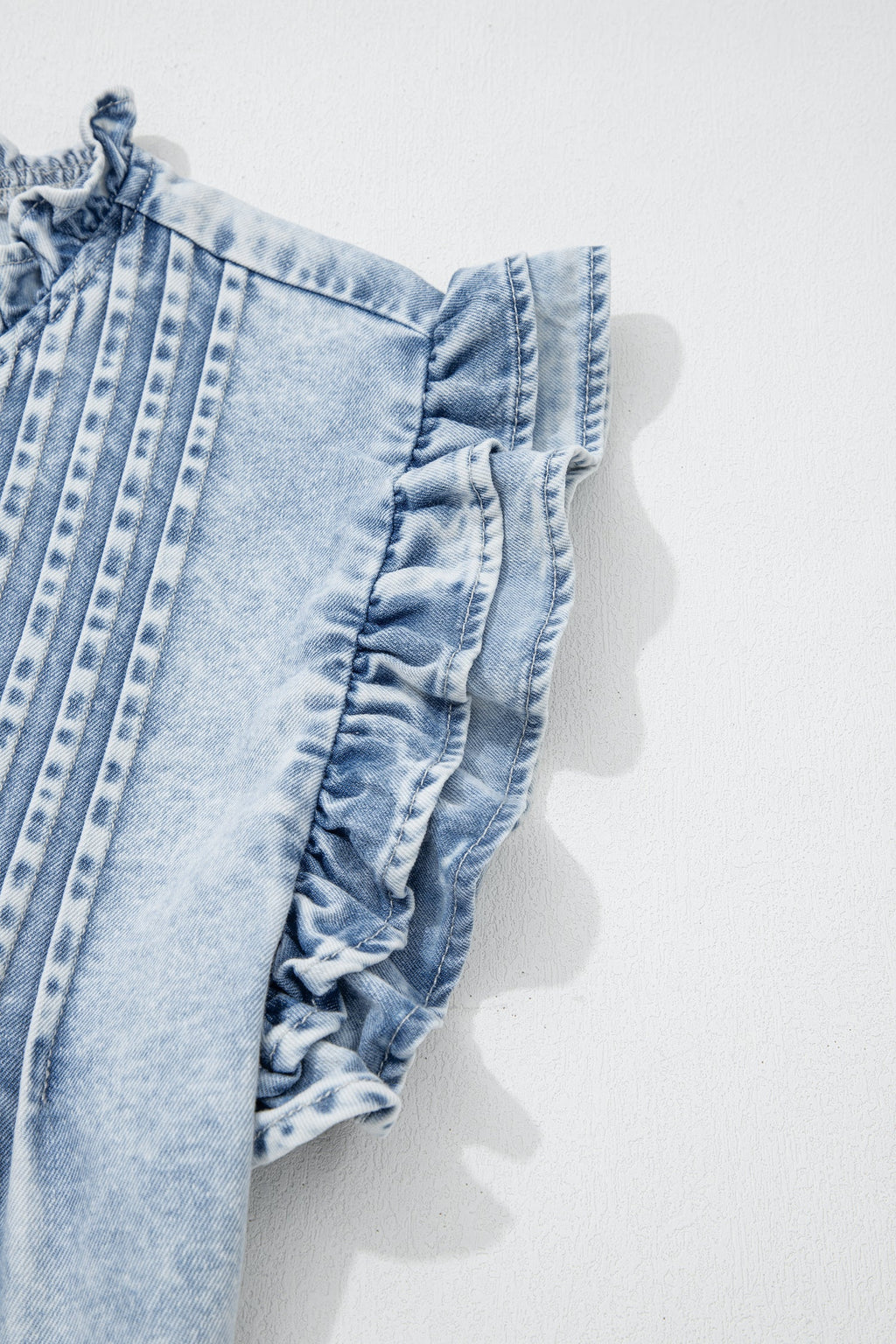 Beau Blue Ruffle Pleated Detail Vintage Washed Denim Top