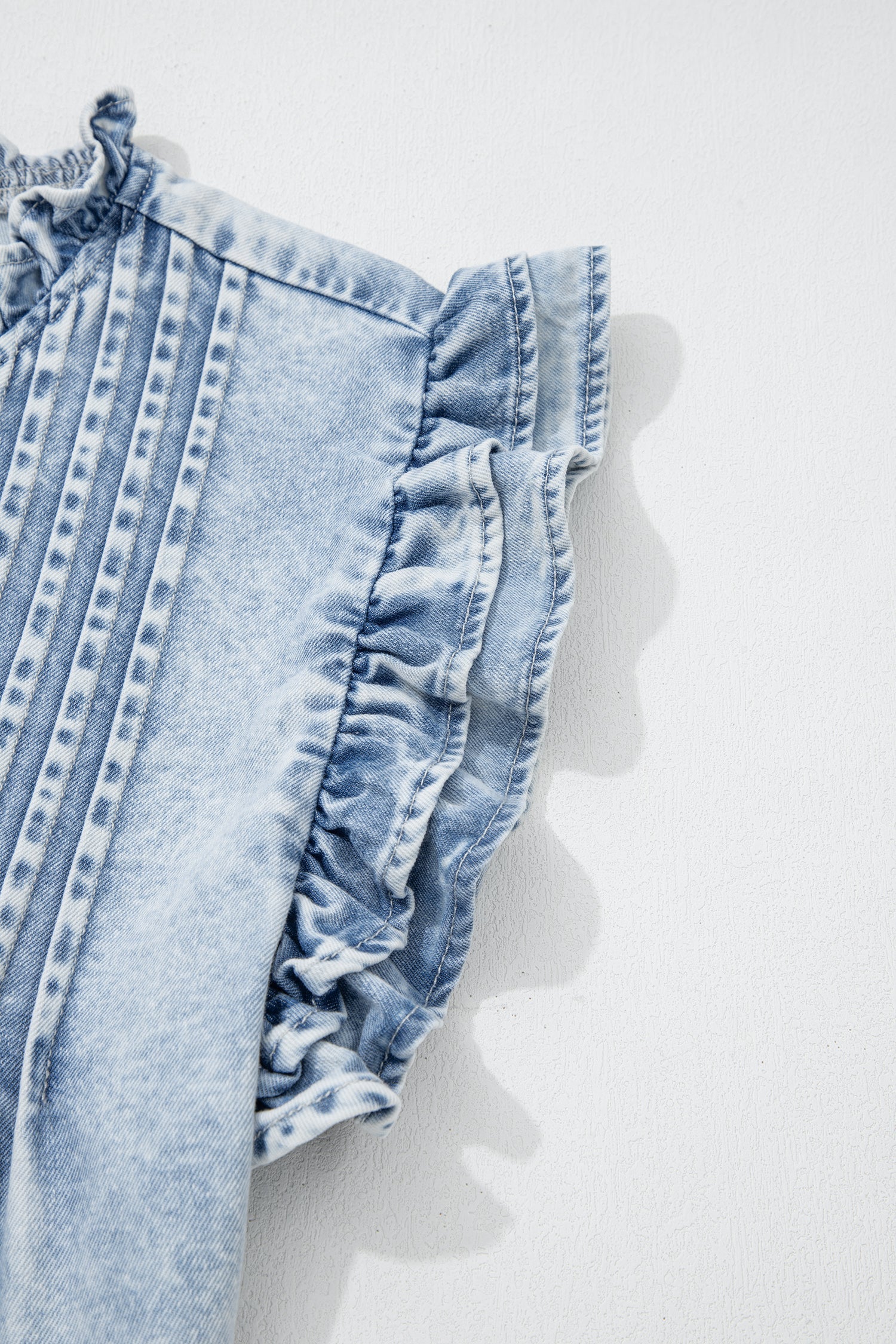 Beau Blue Ruffle Pleated Detail Vintage Washed Denim Top