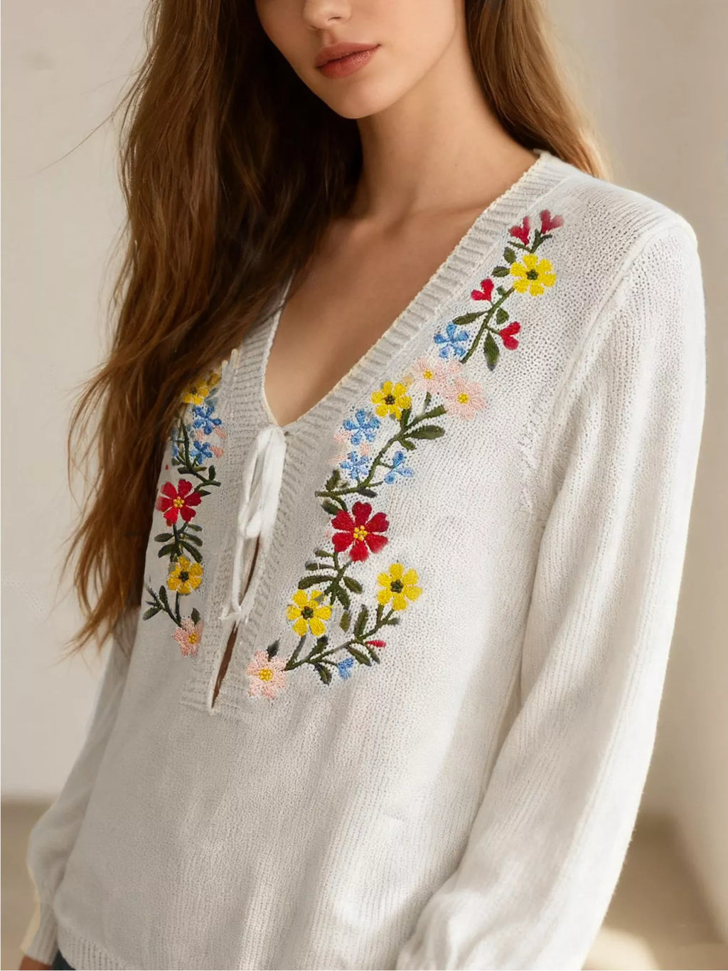 Floral Embroidered V-Neck Sweater