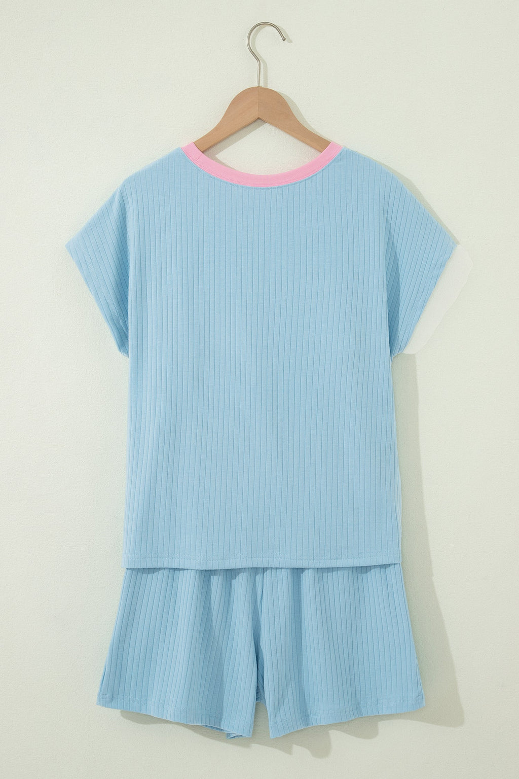 Mist Blue Soft Ribbed Color Block Trim Casual Short Set