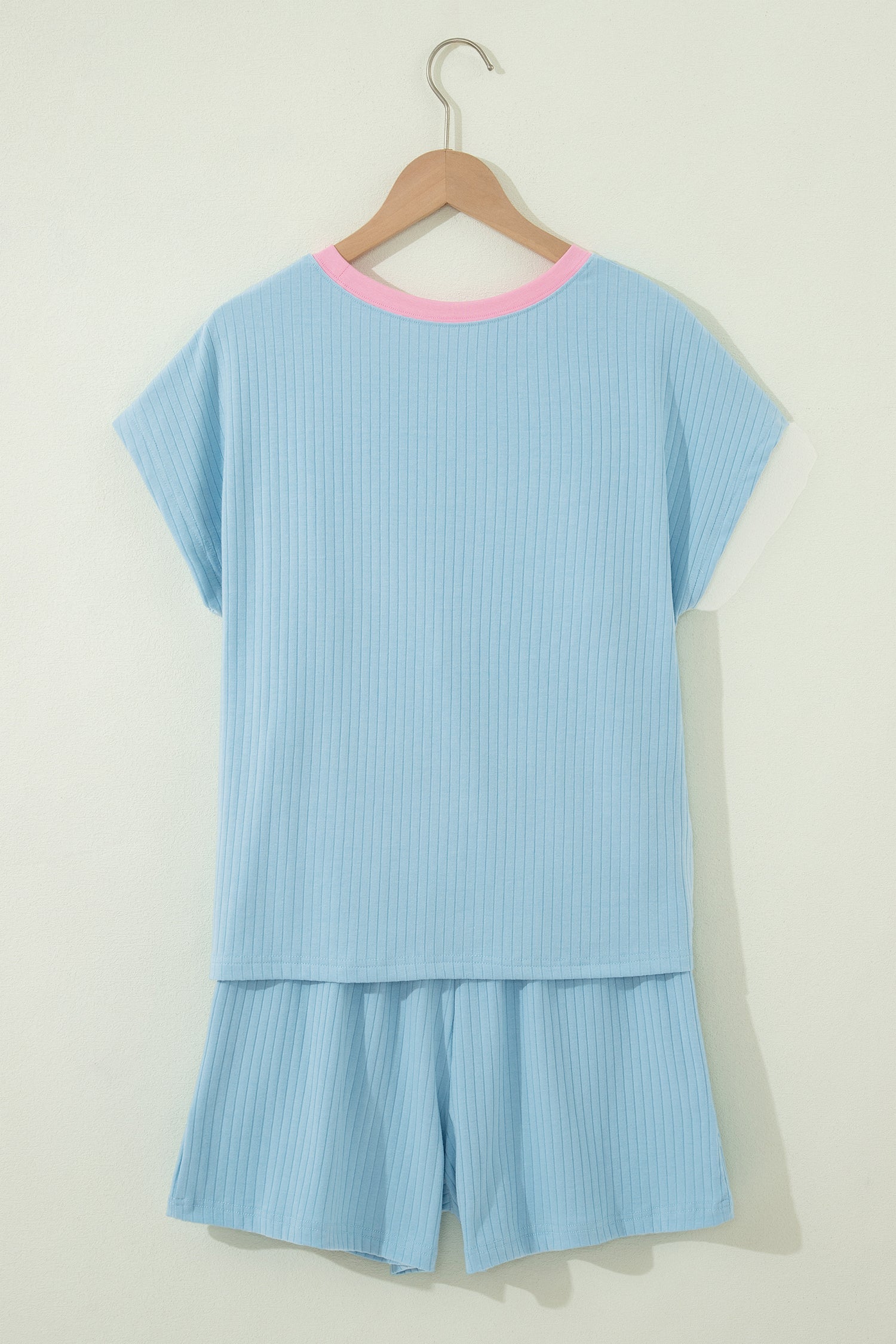 Mist Blue Soft Ribbed Color Block Trim Casual Short Set