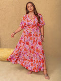 Slit Floral V-Neck Half Sleeve Maxi Dress