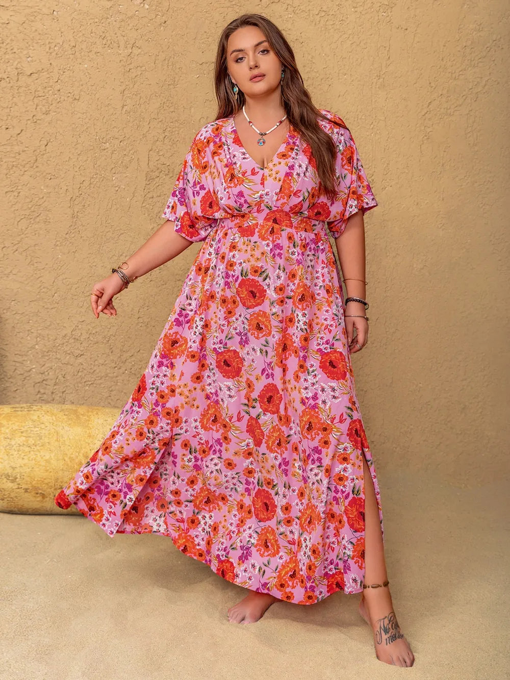 Slit Floral V-Neck Half Sleeve Maxi Dress