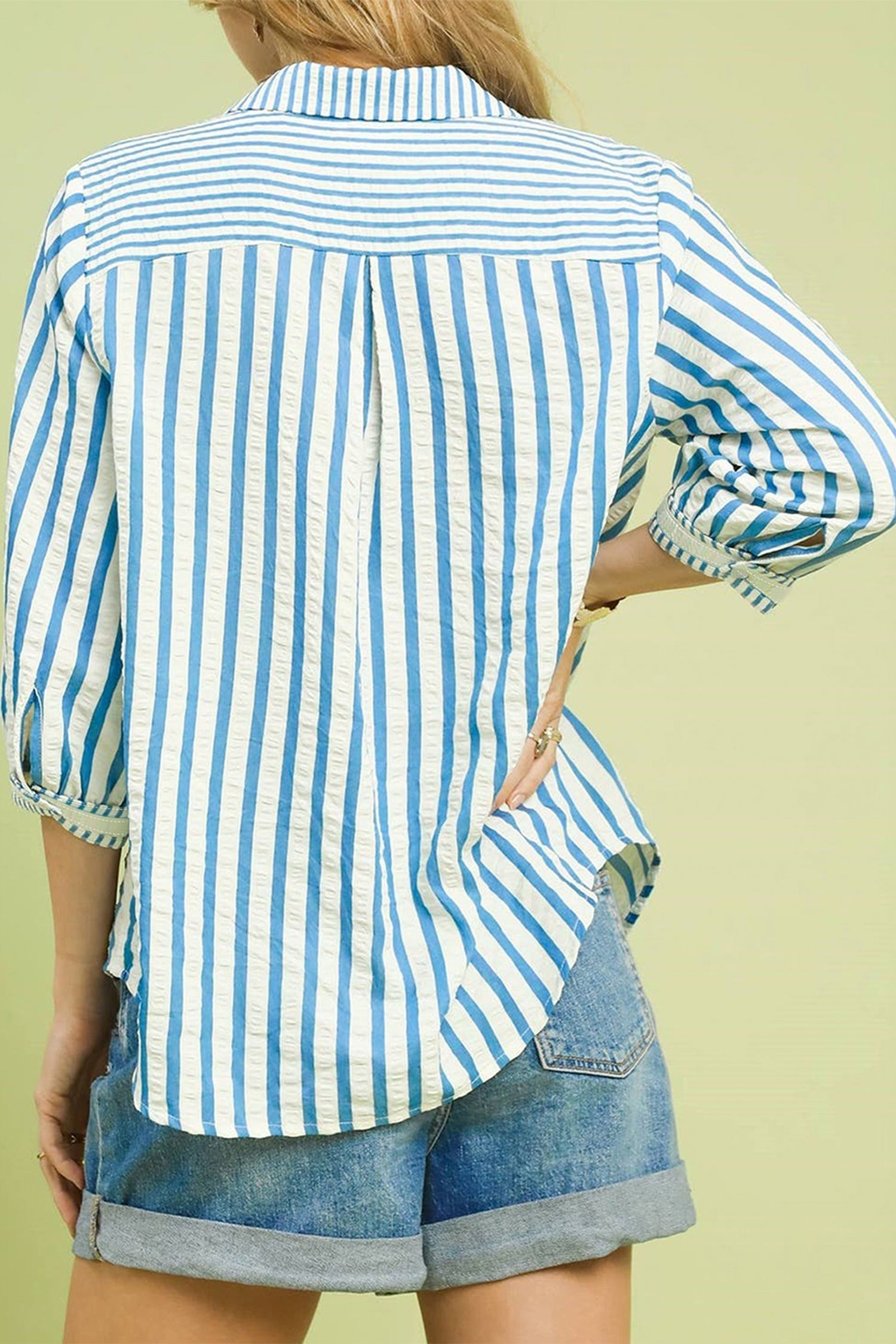 Sky Blue Stripe 3/4 Sleeve Collared Neck Blouse