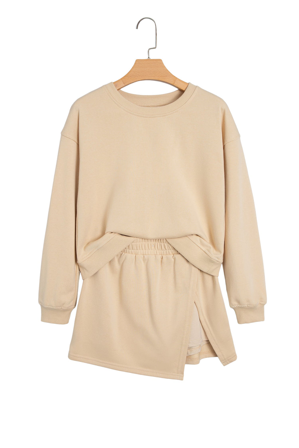 Parchment Solid Color Long Sleeve Top Split Skort 2pcs Outfit
