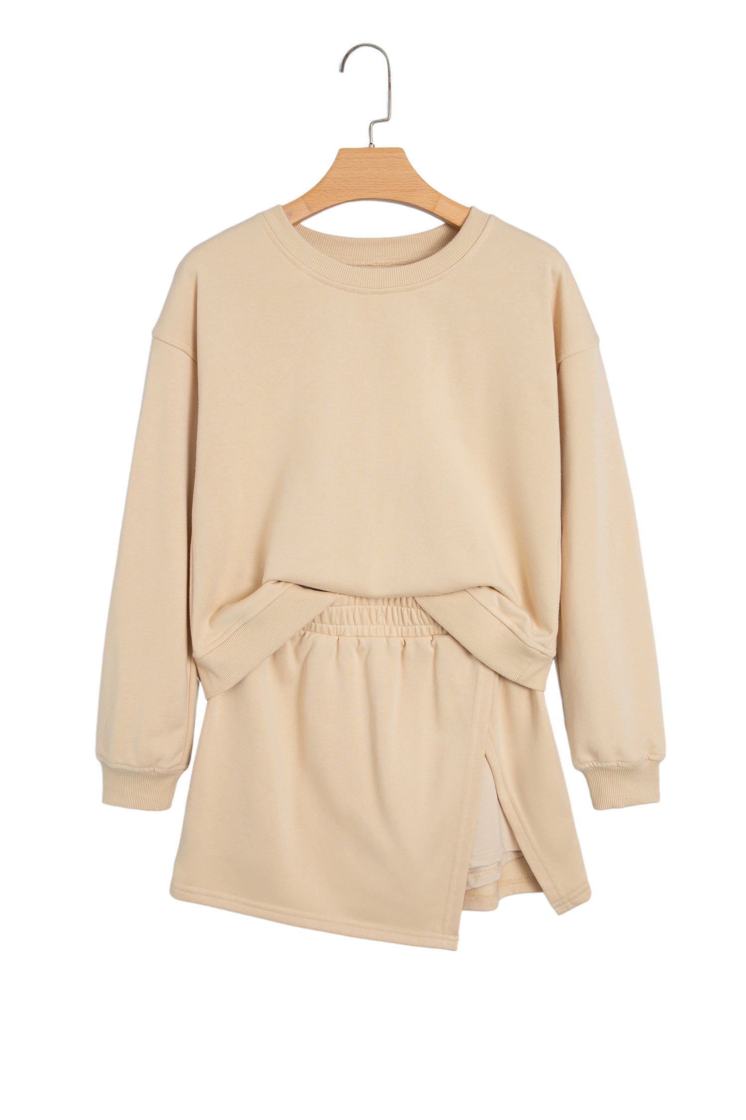 Parchment Solid Color Long Sleeve Top Split Skort 2pcs Outfit
