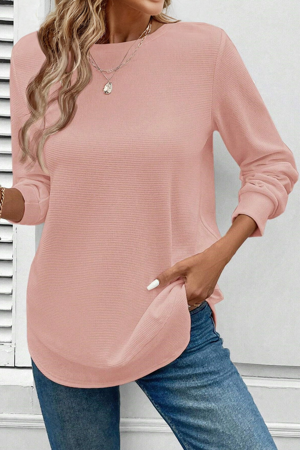 Gossamer Pink Rounded Hem Waffle Long Sleeve Top