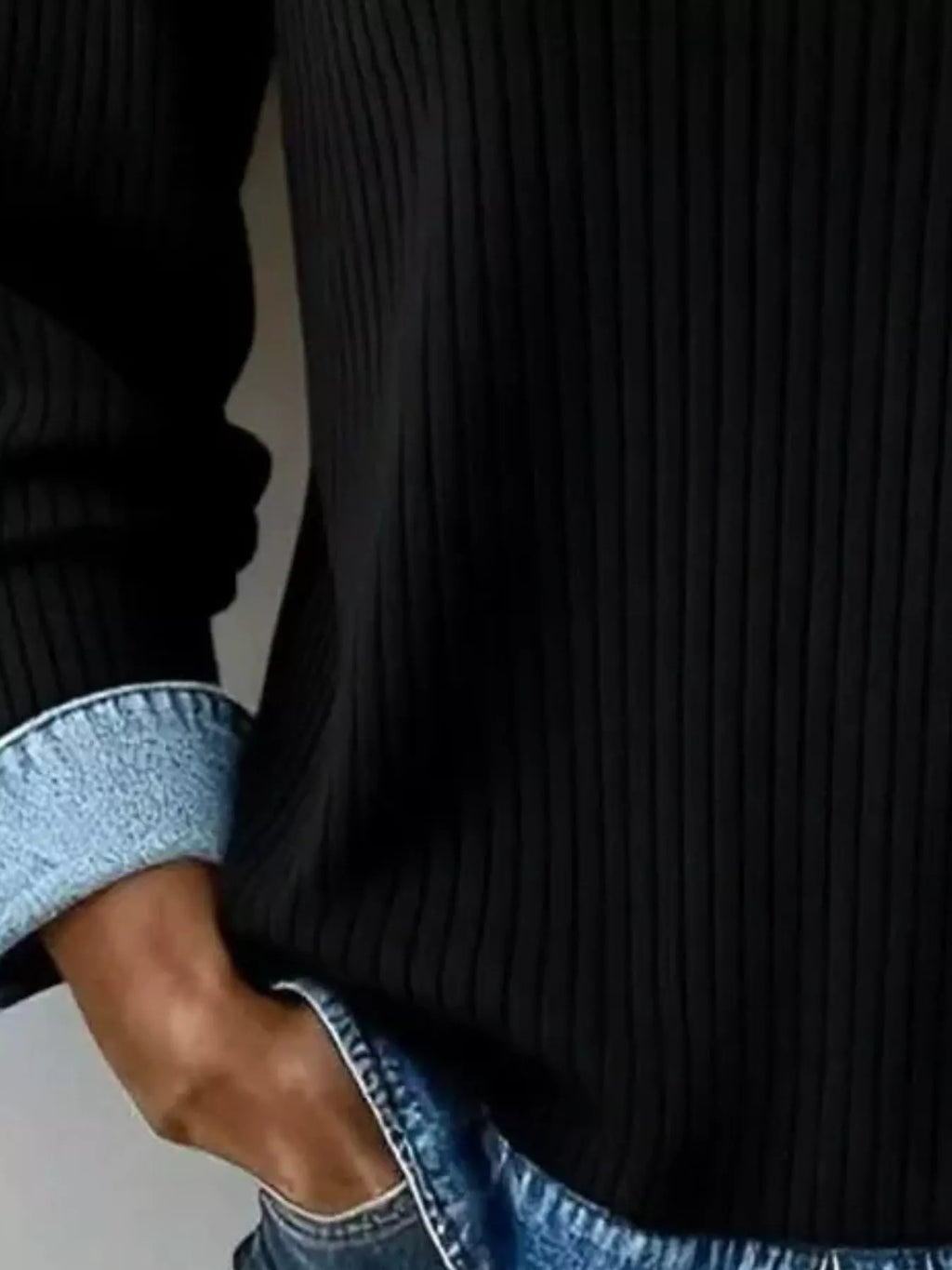 Denim Collar Ribbed Knit Top