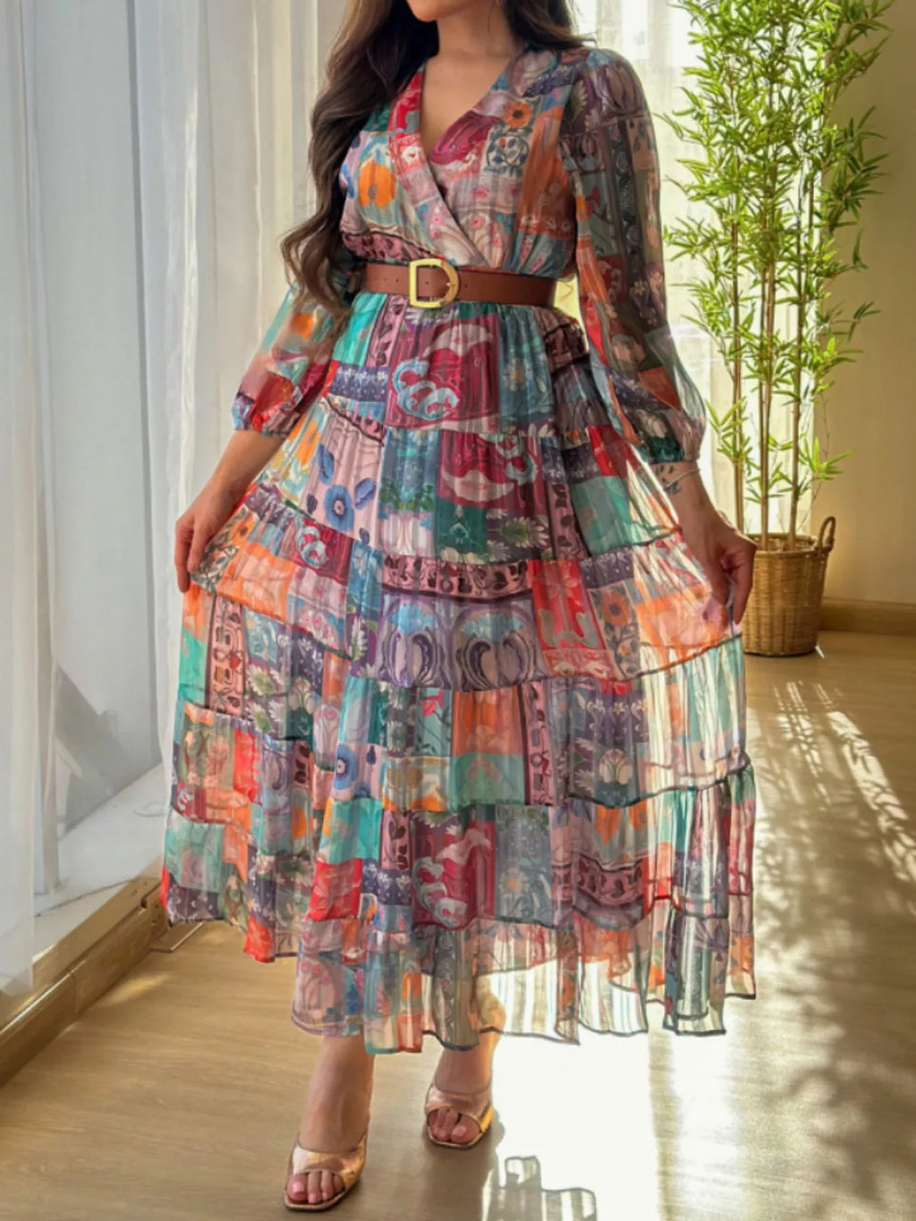 Printed Surplice Long Sleeve Maxi Dress